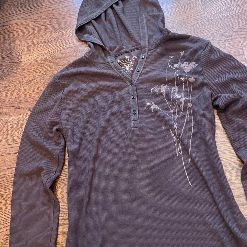 Y2K Brown Thermal Henley Hoodie Top Whimsigoth Goblincore Size S - Picture 3 of 7